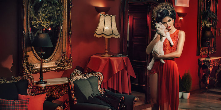 Elegant young brunette with a fluffy cat