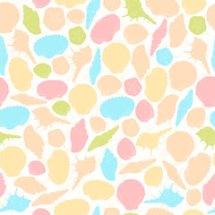 Colored sea shells seamless pattern. Silhouettes of sea shells and sea urchins in the background