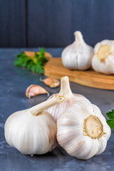 Garlic cloves and garlic bulb on a wooden board on a gray background.