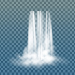Realistic vector waterfall with clear water and bubbles. Natural element for design landscape images. Isolated on transparent background.