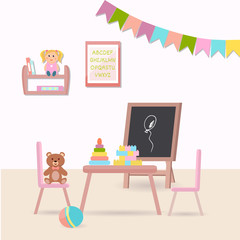 Illustration of preschool kid room with table, alphabet, chairs, toys and chalk board. Flat design.