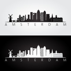 Amsterdam skyline and landmarks silhouette - obrazy, fototapety, plakaty
