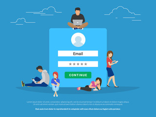 Log in form concept illustration of information security and access to social networks accounts and personal data. Flat young people using mobile devices such as laptop, smartphone and digital tablet