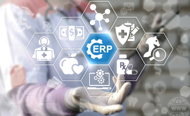 ERP (Enterprise Resource Planning) health care concept. Doctor offers erp cogwheel icon on virtual medical screen. Medicine help strategy. Support strategic clinic plan technology. Hospital logistic.