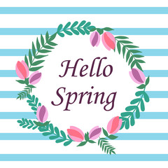 hello spring in a circle on a blue striped background with flowers leaves pink tulips card vector