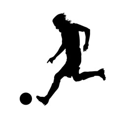 Soccer player is running with ball, vector silhouette