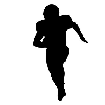 Football player running with ball in his hand, vector silhouette, front view