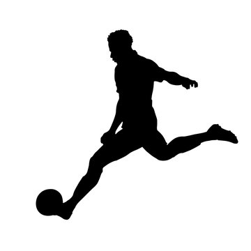 Soccer player is kicking ball, vector silhouette