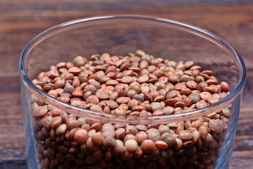 Dry brown lentils in a transparent bowl on table
