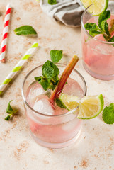 Summer refreshing drink, cocktail. Homemade organic mojito or lemonade with rhubarb, mint and lime. On a light stone table, in glasses and a bottle. Copy space 