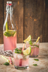Summer refreshing drink, cocktail. Homemade organic mojito or lemonade with rhubarb, mint and lime. On a light stone table, in glasses and a bottle. Copy space 