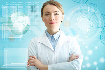 Young doctor on color background. Ophthalmologist concept