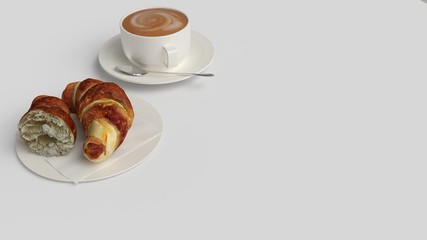 Delicious coffee in white cup and croissant on white background.