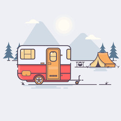 Retro caravan on the forest Travel concept Vector illustration
