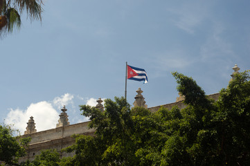 Cuban flag on a building at Havana city, Republic of Cuba