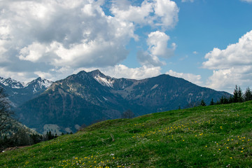 Ausblick auf die Berge und blauem Himmel mit einer Wiese im Vordergrund