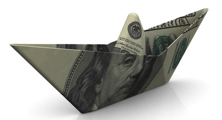 Paper boat from an American banknote on white surface