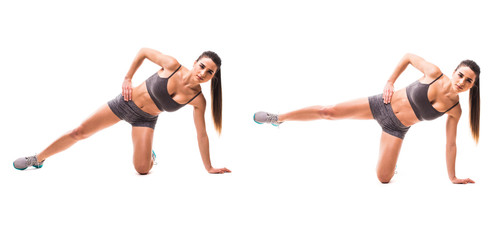 Sport beauty woman do fitness exercises on white background. Woman demonstrate begin and end of exercises. Fitness exercises concept.