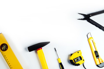 Constructor equipment. Building and project tools concept. Constructor equipment top view, place for typography