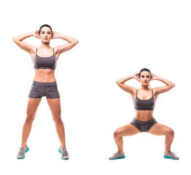 Sport beauty woman do fitness exercises on white background. Woman demonstrate begin and end of exercises. Fitness exercises concept.