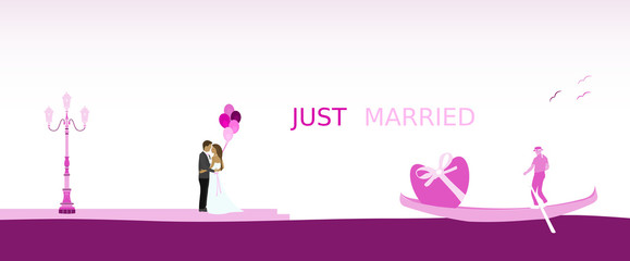 Just married - wedding. Bridal couple in Venice with balloons. Gondola and venetian landscape. Pink shade.