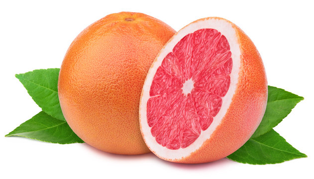 Perfectly retouched grapefruit with half slice and leaves isolated on white background with clipping path