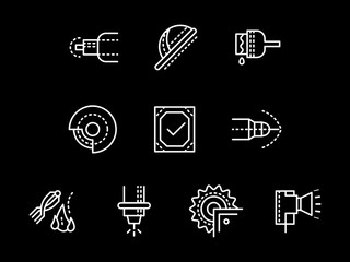 Metalworking elements white line vector icons set