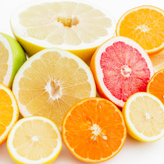 Obraz premium Fruit background. Sliced citrus fruits background. Flat lay, top view.