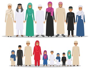 Family and social concept. Group muslim arabian children standing together in row in different traditional islamic clothes on white background in flat style. Arabic young people. Vector illustration.