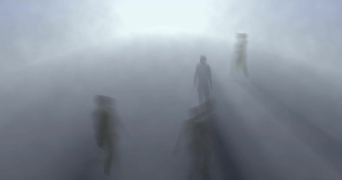 After life plane:motion blurred people, spirits . ghosts, walking in fog / mist. 3d render