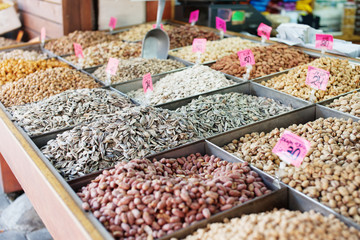 Spices, nuts and vegetables in open market Tel Aviv in Israel