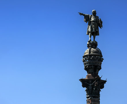 Top of the Columbus Monument (Mirador de Colom) in Barcelona, Catalonia, Spain. Bronze statue by Rafael Atche.