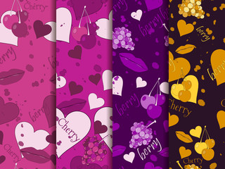 Seamless romantic pattern. Background with hearts, berries and lips. Elements of grunge style. Set of vector illustrations