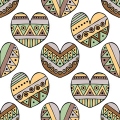 Vector hand drawn seamless pattern, decorative stylized childish hearts. Doodle style, tribal graphic illustration Cute hand drawing in vintage colors. Series of doodle, cartoon, sketch illustrations