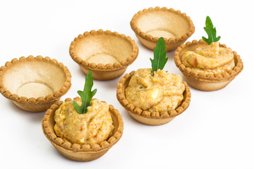 Portion appetizer of tartlets with fish paste