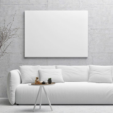 White poster on concrete wall, living room, 3d illustration