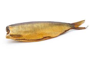 Smoked trout in front of a white background.