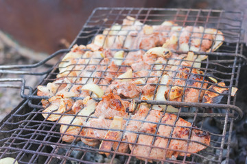 Meat in the grill roasting on the grill. barbecue closeup..