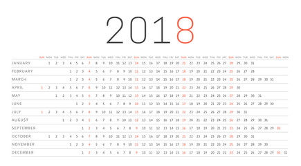 Simple Calendar 2018. Week starts on Sunday. Template for printing design.