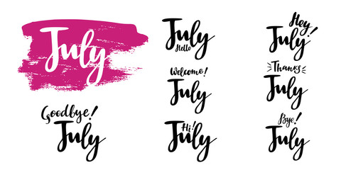 Hello - bye July summer calligraphic set. Vector isolated illustration: brush calligraphy, hand lettering. For calendar, schedule, diary, journal, postcard, label, sticker and decor.