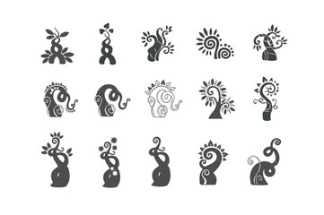 Doodle sprout and plant logo illustration icon set. Black silhouettes of magic bean sprouts with curls on a white background
