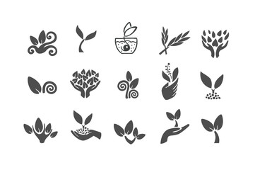 Set of black leaves design elements. Plant and sprout growing icons flat line design vector.