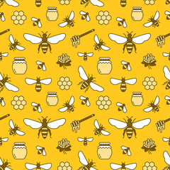 Beekeeping colored seamless pattern, apiculture vector illustration. Apiary thin line icons - bee, beehives, barrel. Cute repeated texture for honey processing business.