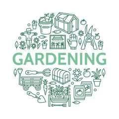 Gardening, planting horticulture banner with vector line icon. Garden equipment, organic seeds, green house, pruners watering can, tools. Vegetables, flower cultivation poster with place for text.
