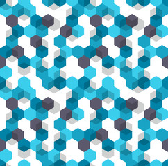 Honeycomb vector background. Seamless pattern of blue, white and black color for medical presentation. Modern geometric texture, ornament with colored hexagons and cubes.
