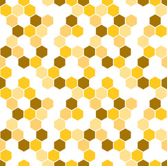 Honeycomb vector background. Seamless pattern with colored hexagons. Geometric texture, ornament of brown, white and yellow color for beekeeping business backdrop.