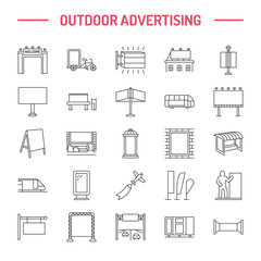 Fototapeta na wymiar Outdoor advertising, commercial and marketing flat line icons. Billboard, street signboard, transit ads, posters banner and other promotion design element. Grey color. Trade objects thin linear sign.