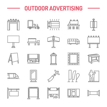 Outdoor Advertising, Commercial And Marketing Flat Line Icons. Billboard, Street Signboard, Transit Ads, Posters Banner And Other Promotion Design Element. Grey Color. Trade Objects Thin Linear Sign.