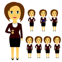 Set of business people in flat style isolated on white background. Women with brown hair in different poses in formal attire