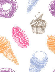 Seamless decorative pattern with ice cream cones, muffins and donuts in hand drawn style.
